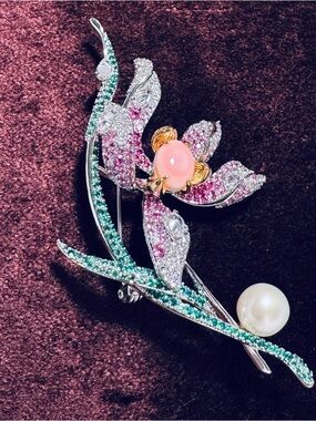 Floral Pearl and Gemstone Brooch - Pink, Green, Gold Accents